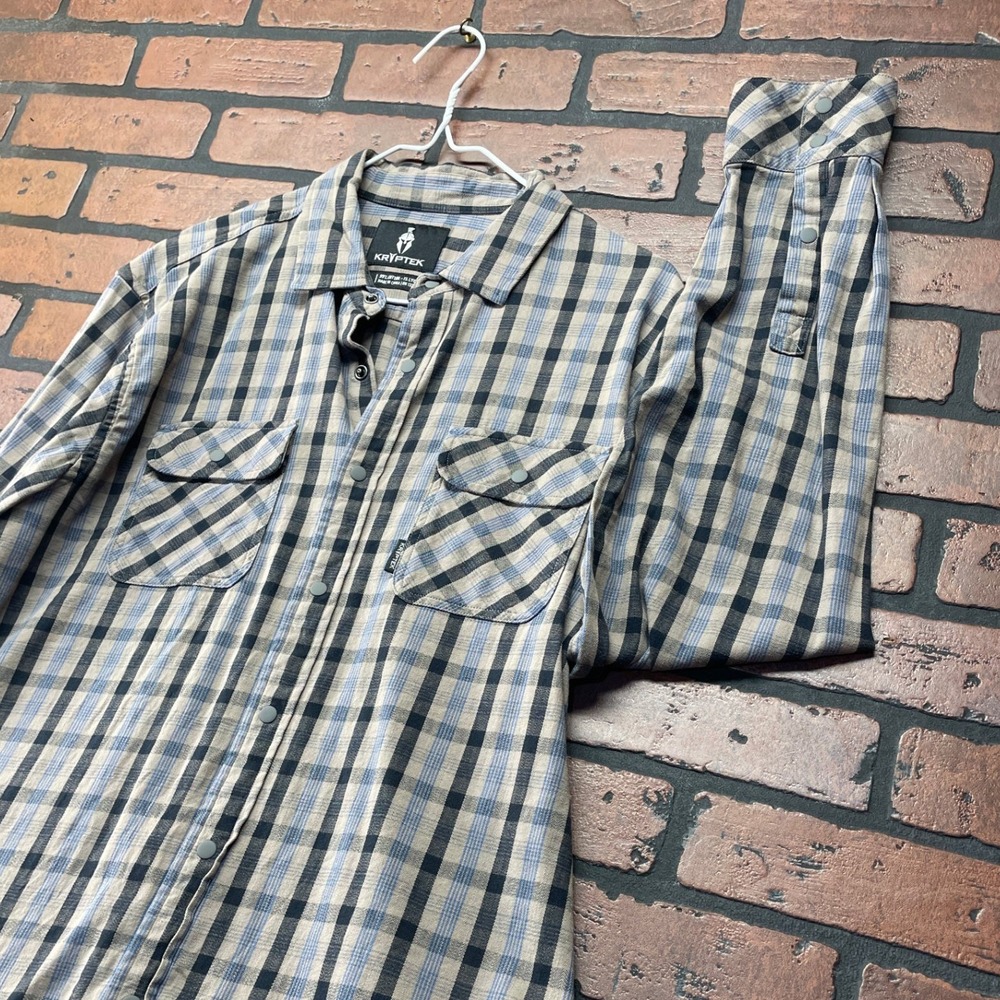 Kryptek M-L Black Brown Blue Plaid Flannel Long Sleeve Snap Button Shirt - Picture 2 of 11